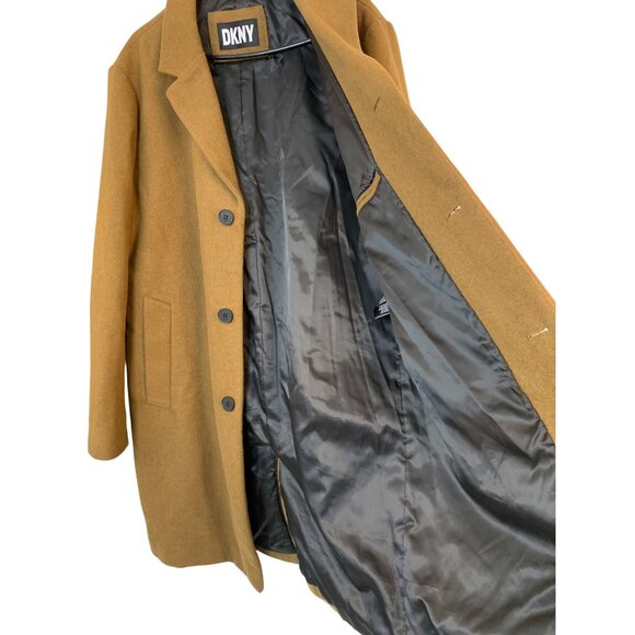DKNY Mens Camel Overcoat Large RK10394 EUC Wool Blend Winter Lined Brown - Picture 10 of 15